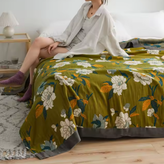 Breathable Floral Bedspread 100% Cotton Cover, Woven Lounge Throw Blanket