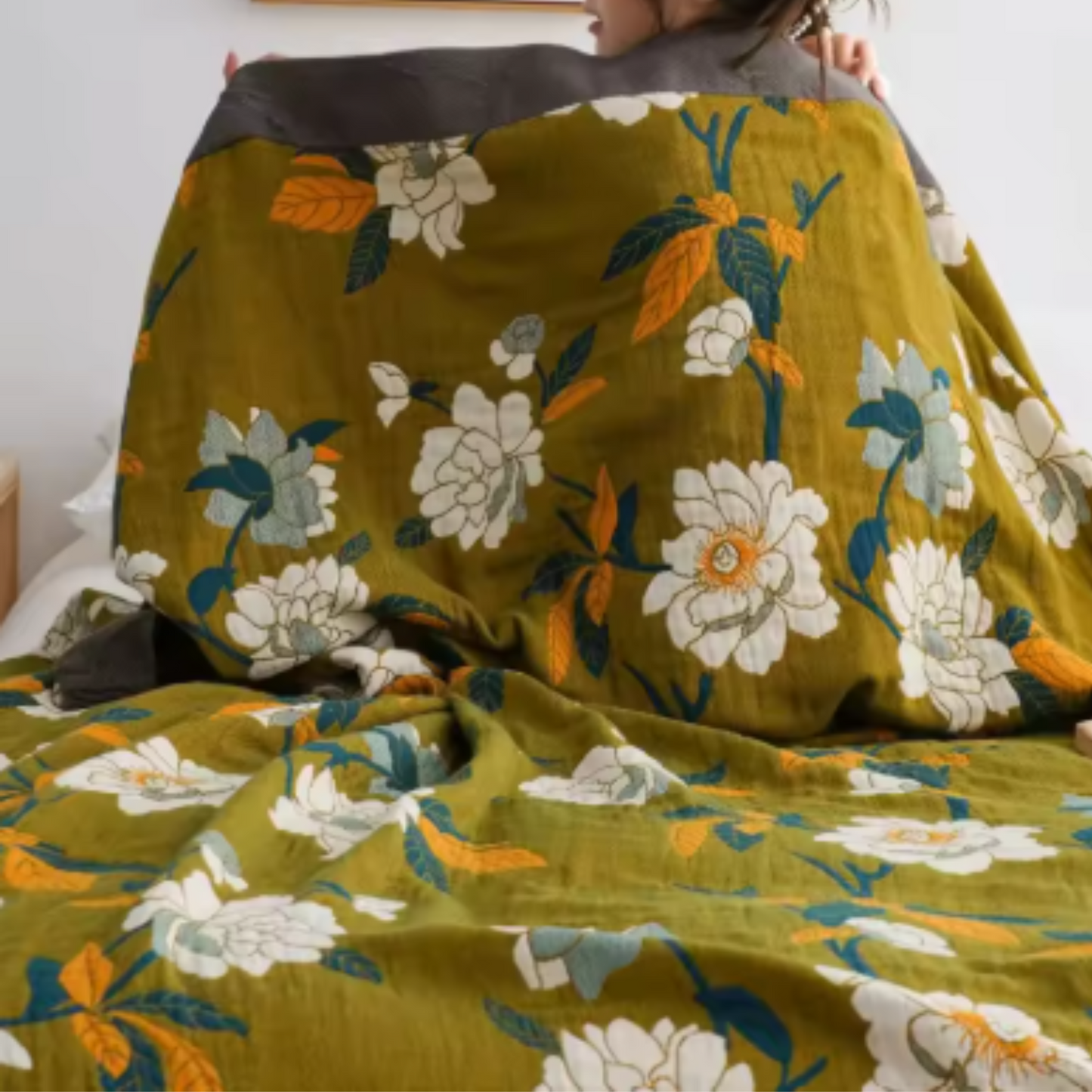 Breathable Floral Bedspread 100% Cotton Cover, Woven Lounge Throw Blanket
