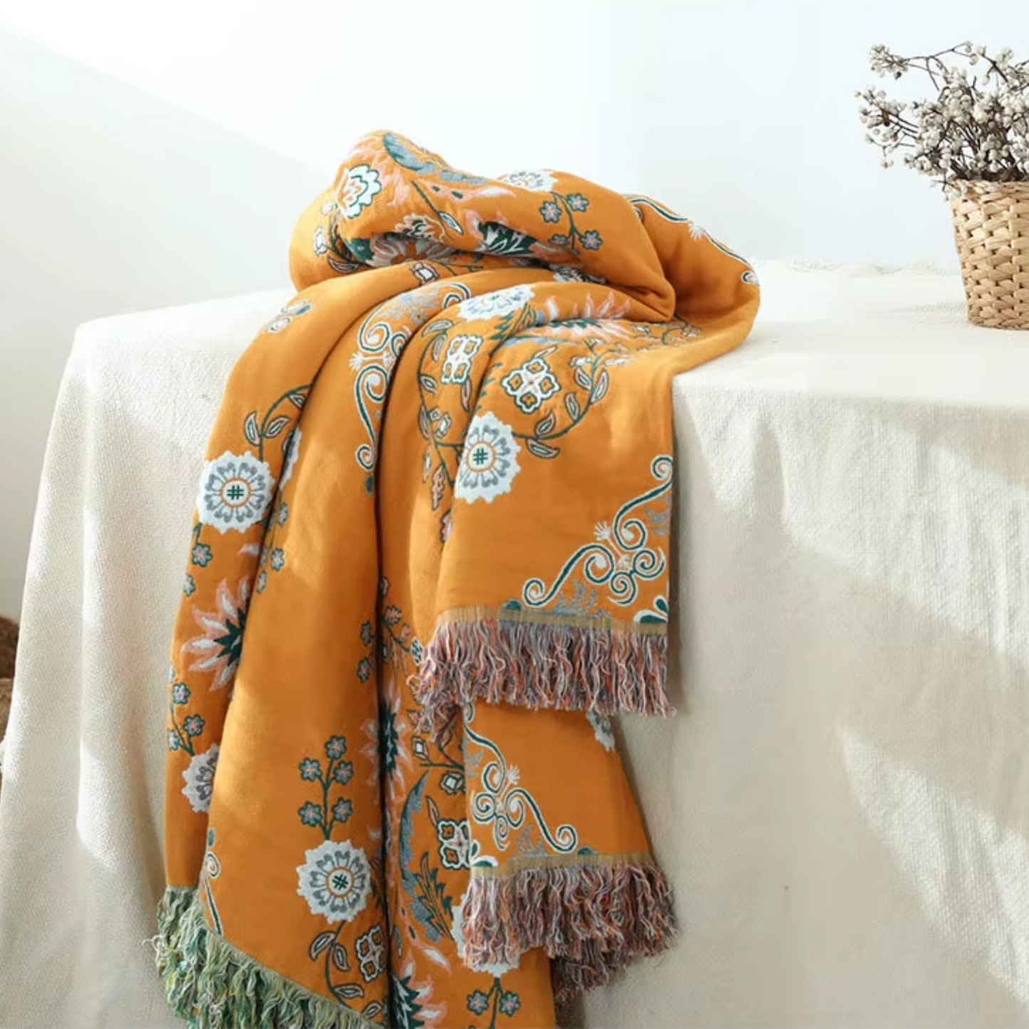 Boho Sofa Towel, Double side Bohemian yarn Summer Cozy Bed Blanket, Soft Cotton Blanket, Multi-layer Four Seasons Coverlet