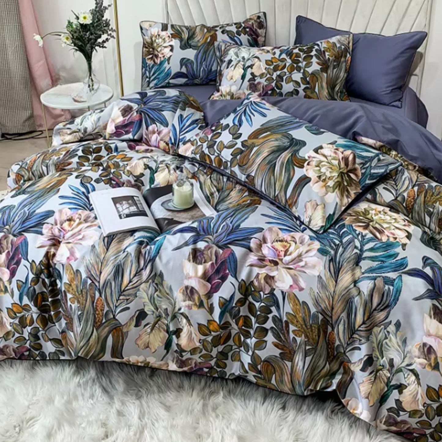 Floral Luxury Handpicked 100% Cotton 4 PCS Duvet Cover, Double Size Sheet Aesthetic Flat or Fitted Sheet