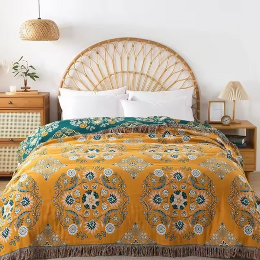 Boho Sofa Towel, Double side Bohemian yarn Summer Cozy Bed Blanket, Soft Cotton Blanket, Multi-layer Four Seasons Coverlet