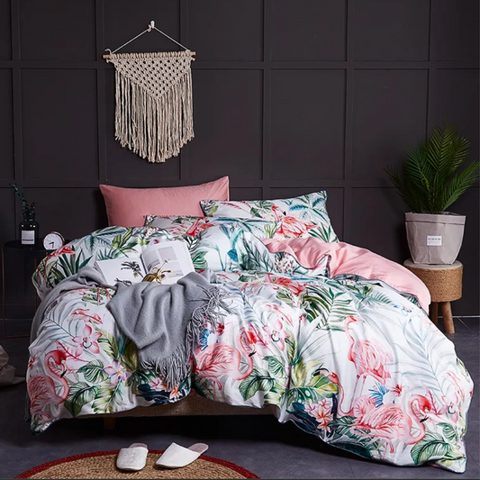 Flamingo Print 100% Cotton Full Double Size Queen King Duvet Covet Set