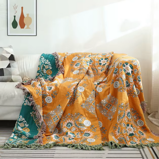 Boho Sofa Towel, Double side Bohemian yarn Summer Cozy Bed Blanket, Soft Cotton Blanket, Multi-layer Four Seasons Coverlet