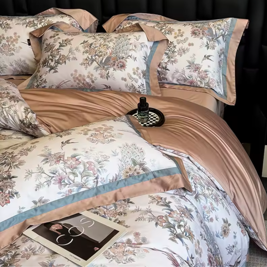 Premium 1000TC Soft 100% Cotton Flowers Style Double Size Bedding Set - 4pcs