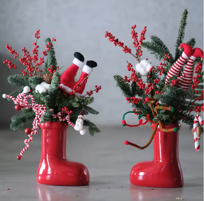 Christmas Santa Red Boot Ceramic Vase