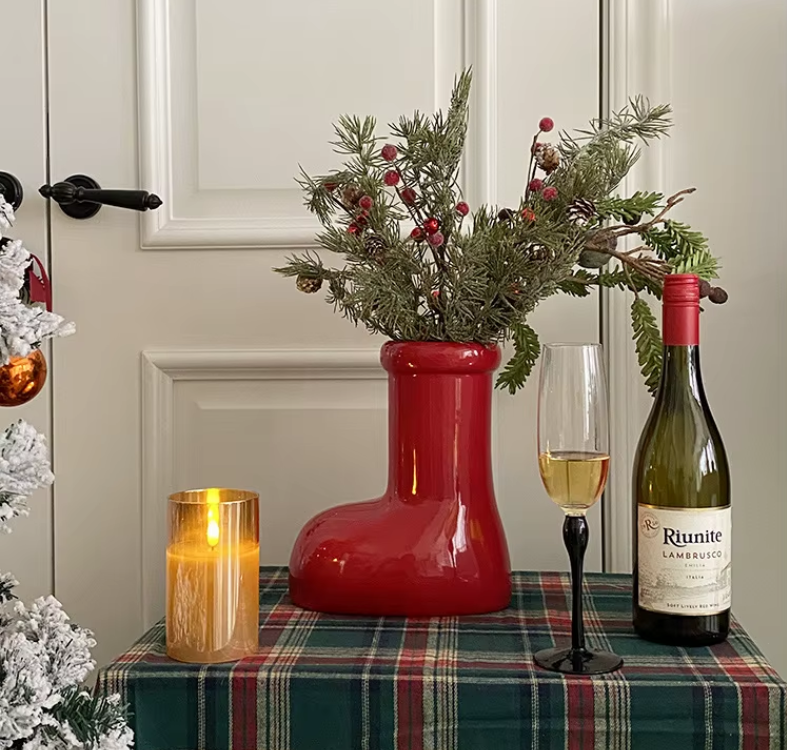 Christmas Santa Red Boot Ceramic Vase